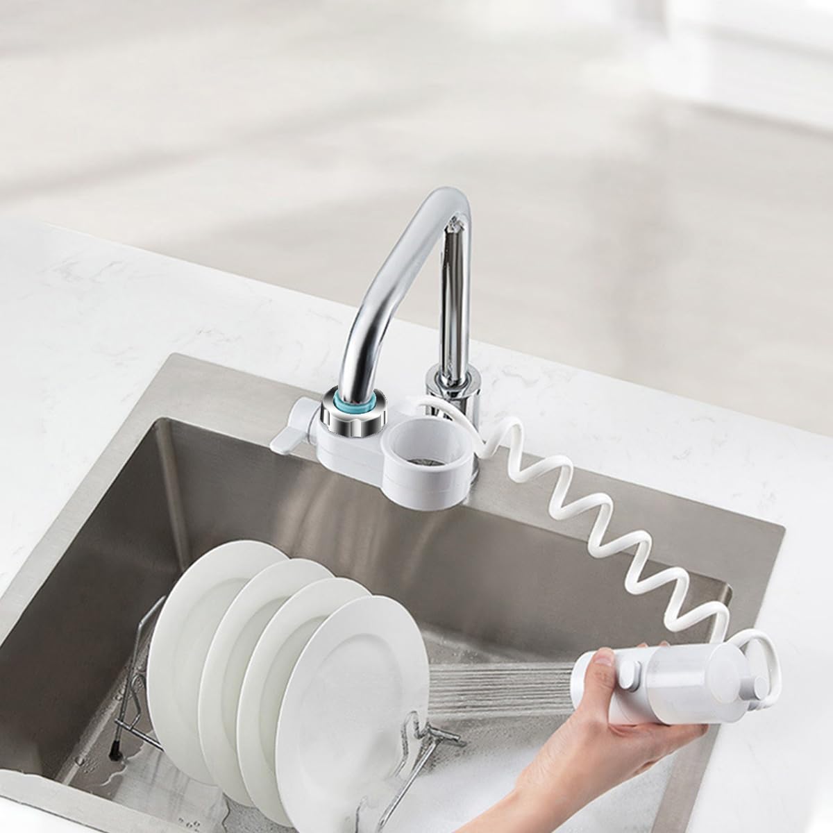 HASTHIP Kitchen Sink Faucet with Refillable Soap Dispenser 360 ° Fleixble Separate Sprayer Design Auto Soap Mixing Design with One Button to Switch, Universal Kitchen Sink Faucet Extender