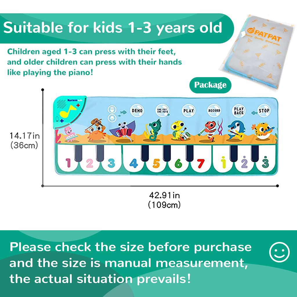 PATPAT Musical Mat for Kids, 8 Sounds Music Piano Keyboard Dance Floor Mat Carpet Animal Blanket Touch Mat Musical Toys Early Education Toys for Baby Girls Boys 1-3 Years Old(43.3x14.2in)