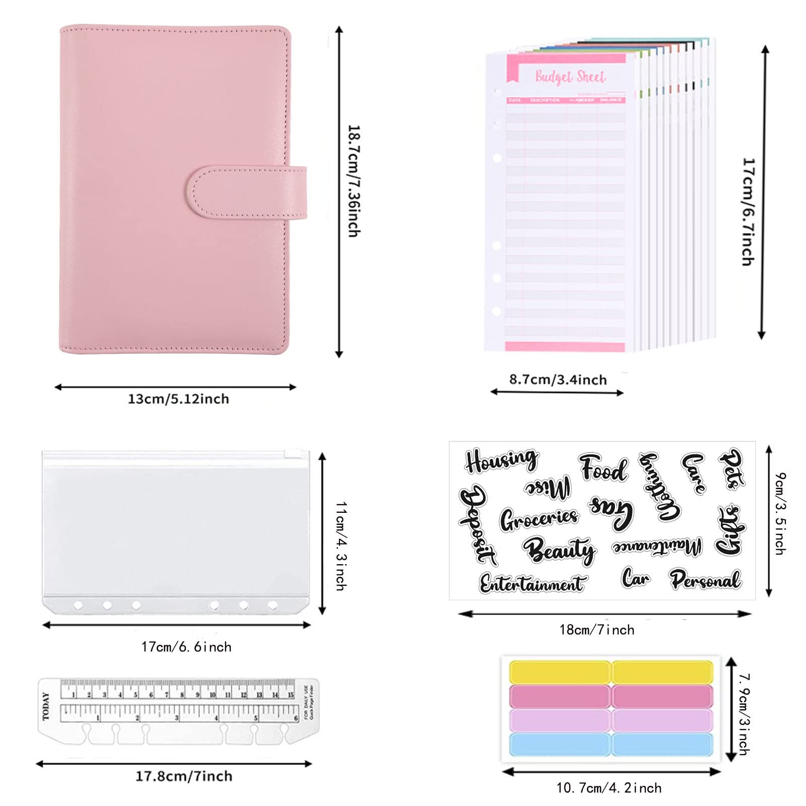 HASTHIP File Folder Ring Binder Notebook Set, A6 PU Leather Binder Clip with Envelopes, Budget Sheets, Label Stickers, 1 Ruler Stationery Supplies