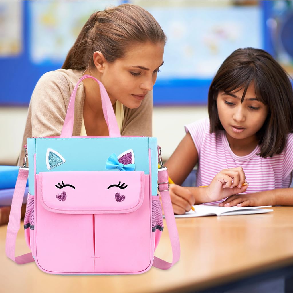 PALAY Girls School Bag 2 in 1 Book Bag Handbag with Shoulder Belt Pink Unicorn Book Bag for Schoolgirls Book Tote Bag Large Crossbody Book Bag School Gift Daily Item Handbag for Girls 6-12 Years Old