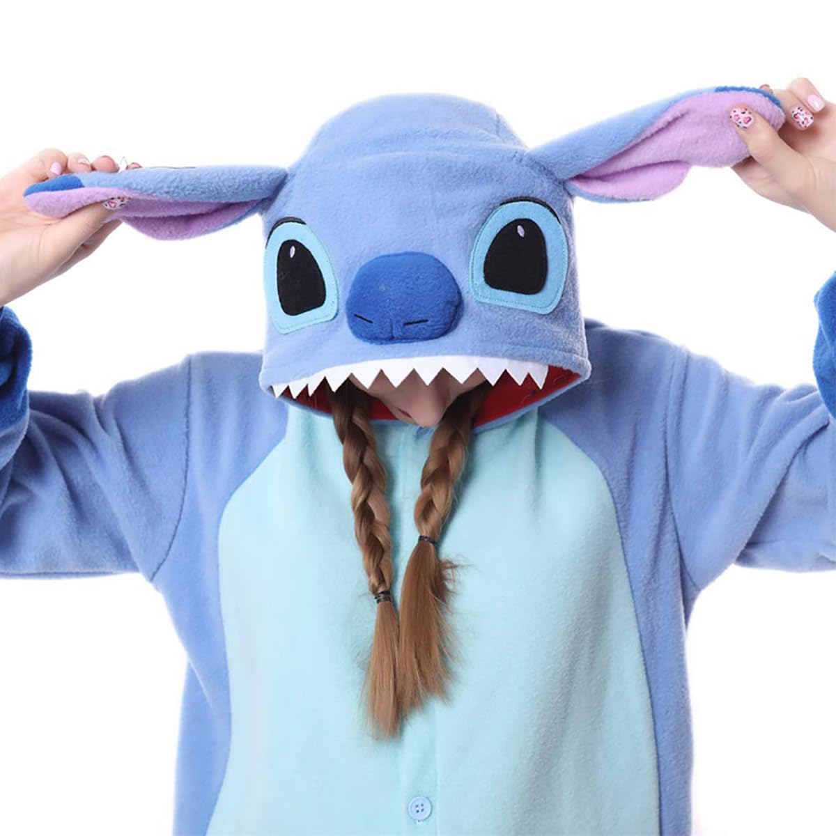 HASTHIP Sleeping Pajamas for Teens & Adults Cute Stitch Flannel Sleeping Pajamas Stitch Cosplay Hoodie Pajamas Sleeping Pajamas Soft Plush Sleeping Pajamas for Sleepovers Pajamas Party, M