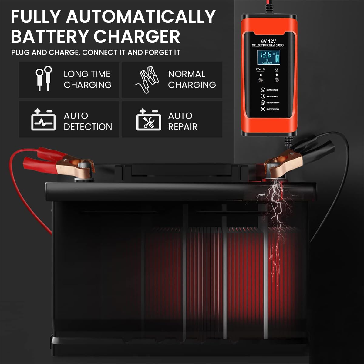 Verilux® Car Battery Charger 6A 12V Automatic Battery Charger with Battery Repair Mode EU Plug & Play Smart Battery Charger with LCD Display, Safe Battery Charger for Car, Lawn Mower, RV