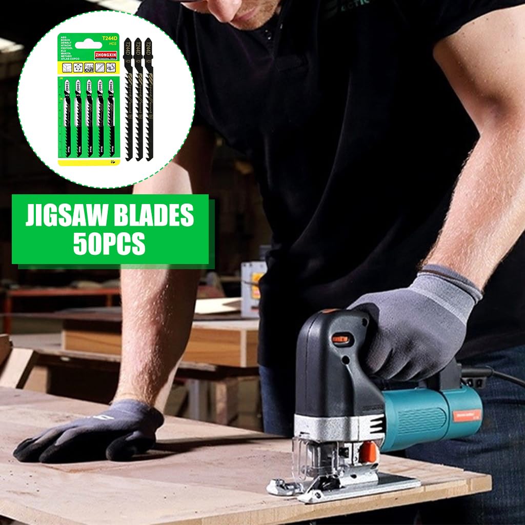 Serplex 50pcs T244D Jigsaw Blades Set T Shank Jigsaw Blades Tool for Wood Jig Saw Blade Set HCS Carbon Steel Saw Blades for Cutting Wood Curved & Scrolling Fine Finish Cuts
