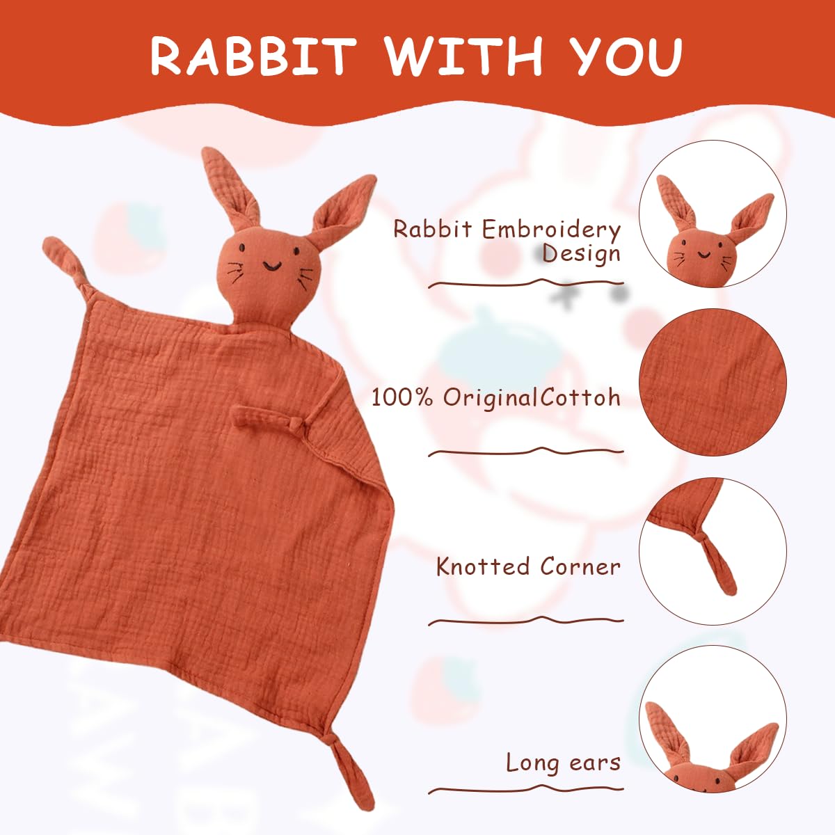 SNOWIE SOFT Set of 3pcs Baby Soothing Comforter Towel Bib Wooden Teether Ring Cartoon Bunny Soothing Towel 100% Cotton Handkerchief Hand Gripping Towel, Face Towel for Baby 0-12 Months