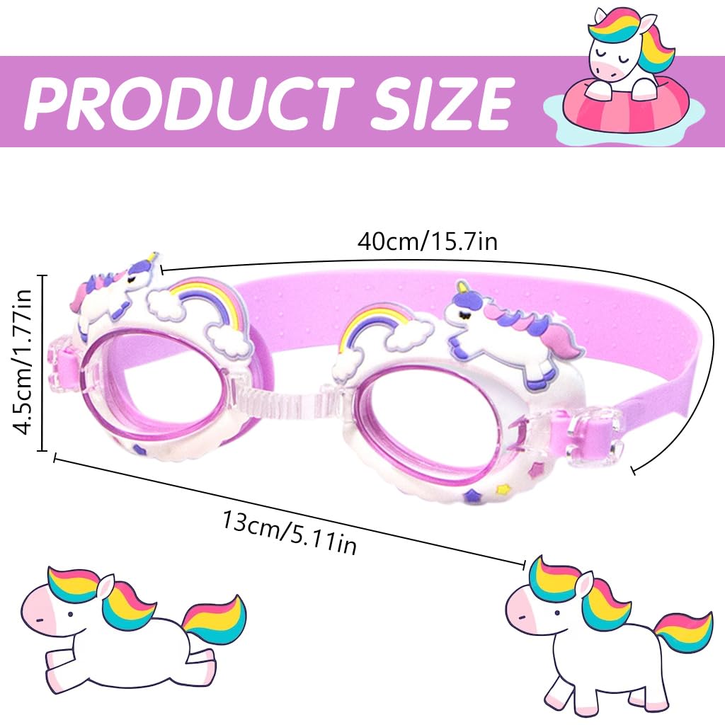 Proberos Kids Swimming Goggles, Grils Adjustable Strap Goggles for Swimming, Rainbow Horse Waterproof Swimming Goggles Swimming Goggles Anti-Fog, UV Protection for Kid(Age 3-10)