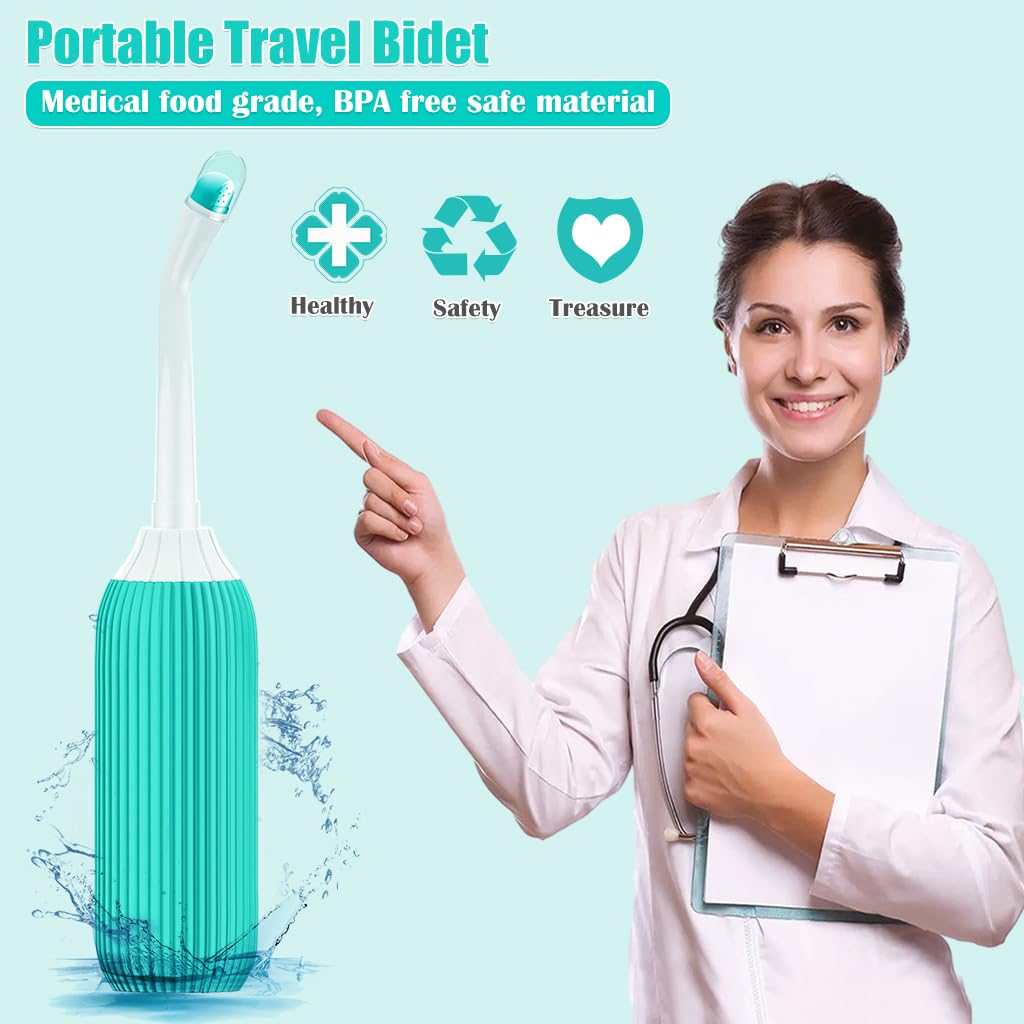 HANNEA® 500ml Portable Retractable Travel Bidet Combo with Bag & 2 Nozzles (Green & Pink), Handheld Jet Spray Toilet Cleaner for Postpartum, Perineal, Outdoor, Camping & Personal Hygiene