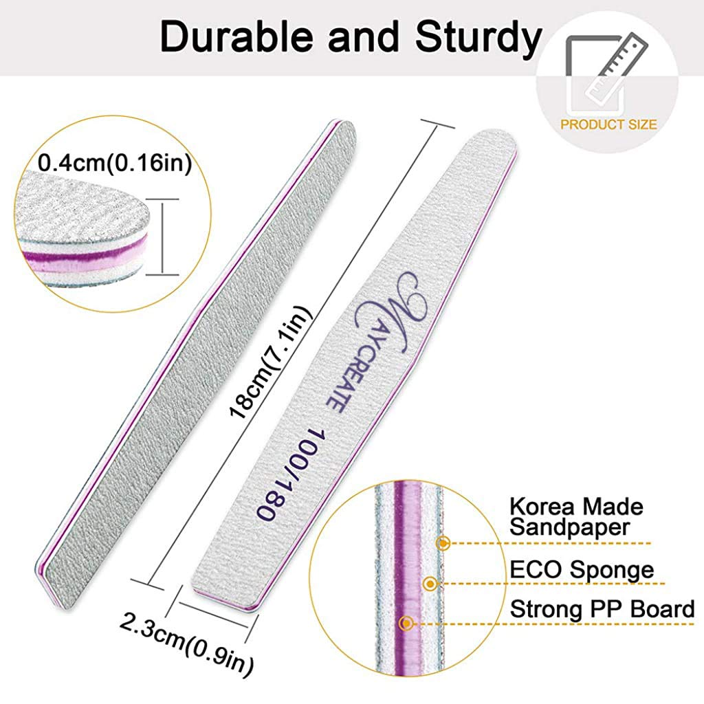 MAYCREATE 10PCS Nail Files, Professional Nail File Set, Curved Fingernail files, 100/180 grit Double-Sided Emery Board Manicure Tools for Home and Salon Use (Pink)