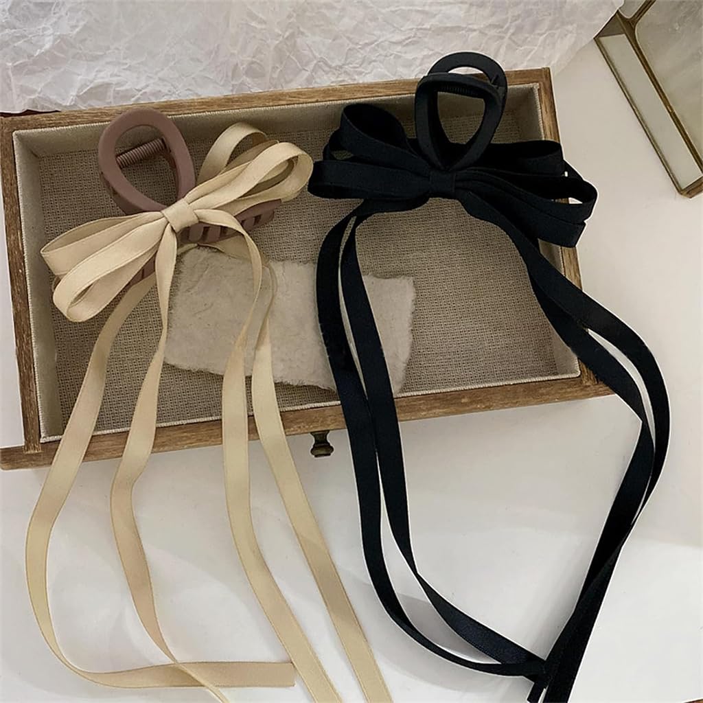 PALAY 2Pcs Hair Claw Clips for Women Stylish Bow Ribbon Large Claw Clip Non-Slip Matte Claw Hair Clips Strong Hold Barrette for Medium Thick Hair - Brown & Black