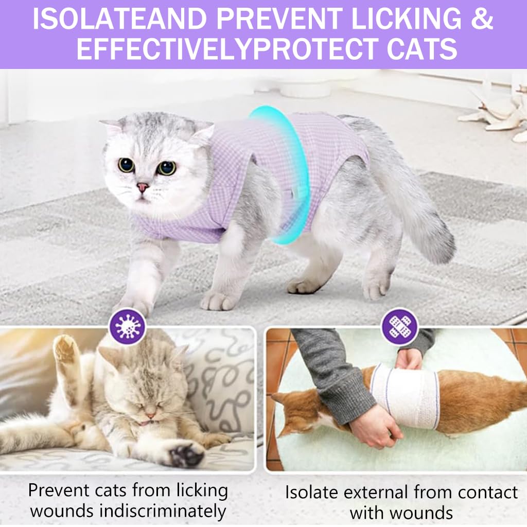 Qpets Cat Recovery Suit, After Surgery Cat Clothes Fix Wound Wrap, Snap Button Closure Design, Purple Plaids Cat Surgery Suit for Surgery Recovery, Cat Clothes with Adjustable Neckline, L