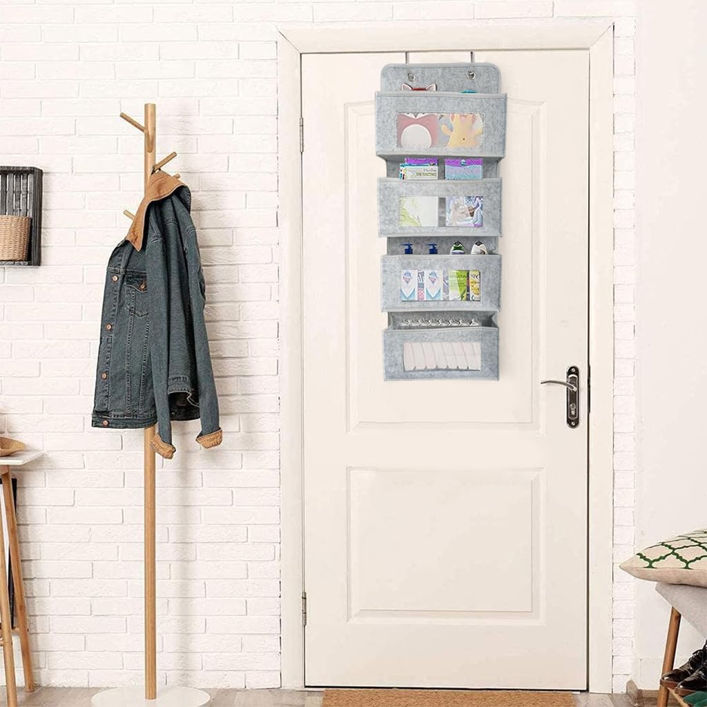 HASTHIP 4-Shelf Over The Door Organizer, Simple Houseware Over Door/Wall Mount 4 Clear Window Pocket Organizer, Grey
