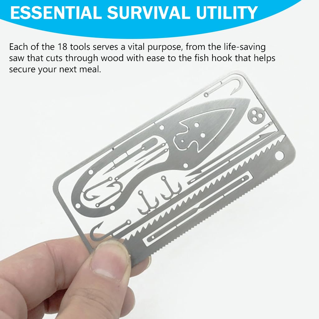 Proberos Survival Card 18-in-1 Fishhook Card Silver Stainless Steel Multifunctioal Fishhook Card Tool Fishing Tool Outdoor Camping Fishhook Card Tactical Utility Emergency Hiking Tool
