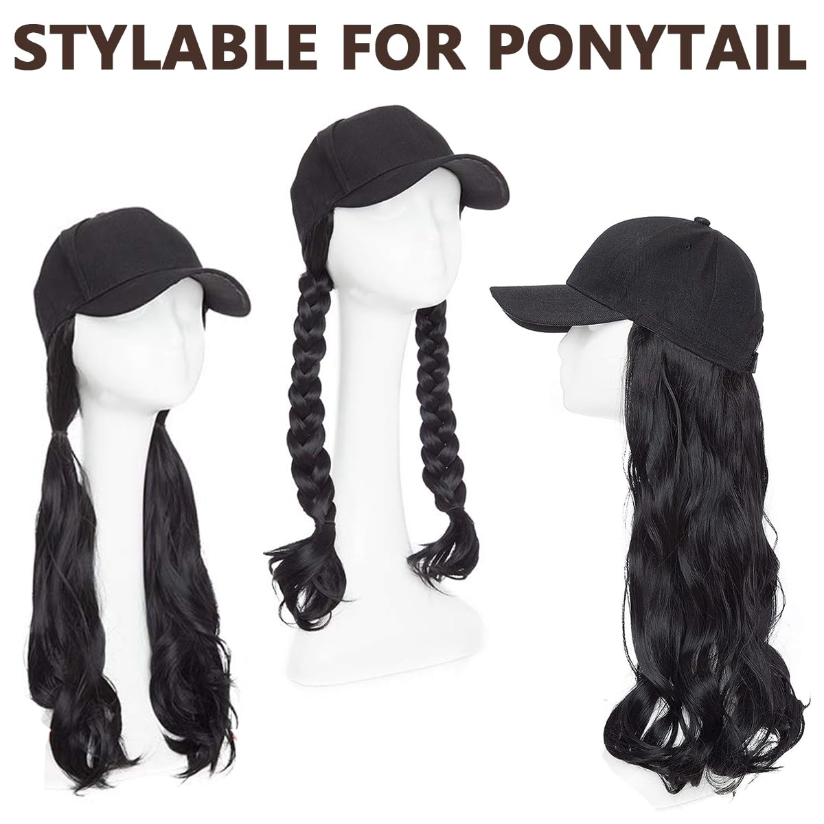 MAYCREATE Baseball Cap with Hair Extensions for Women, Adjustable Wavy Hair Wig Cap for Girls, Black K-pop Style Hat with 24in Long Synthetic Wig Attached