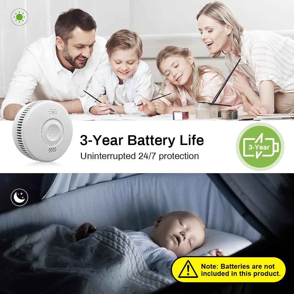 HASTHIP Smoke Detector with Alarm, Smoke Detector Fire Alarm with Photoelectric Technology, Smoke Alarm with Test/Silence Button, Light Sound Warning 2xAA Battery Powered (NOT Included)