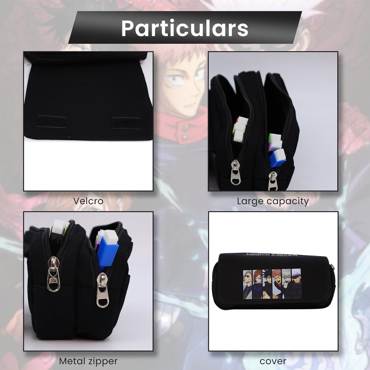 FANCYKU Jujutsu Kaisen Pencil Case, Anime Pencil Pouch, Cartoon Prints Pen Pouch, Large Capacity PU Pencil Bag Stationery Organizer, Students Gift Children's Day Gift School Gift