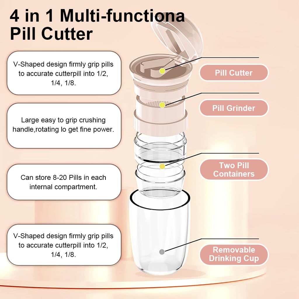 HANNEA Pill Box with Tablet Cutter and Grinder Travel Pill Cutter with Drinking Cup 4 in 1 Tablet Cutter with Two Built-in Pill Box for Large Pills, Vitamins, Cod Liver Oil, Supplements, Medication