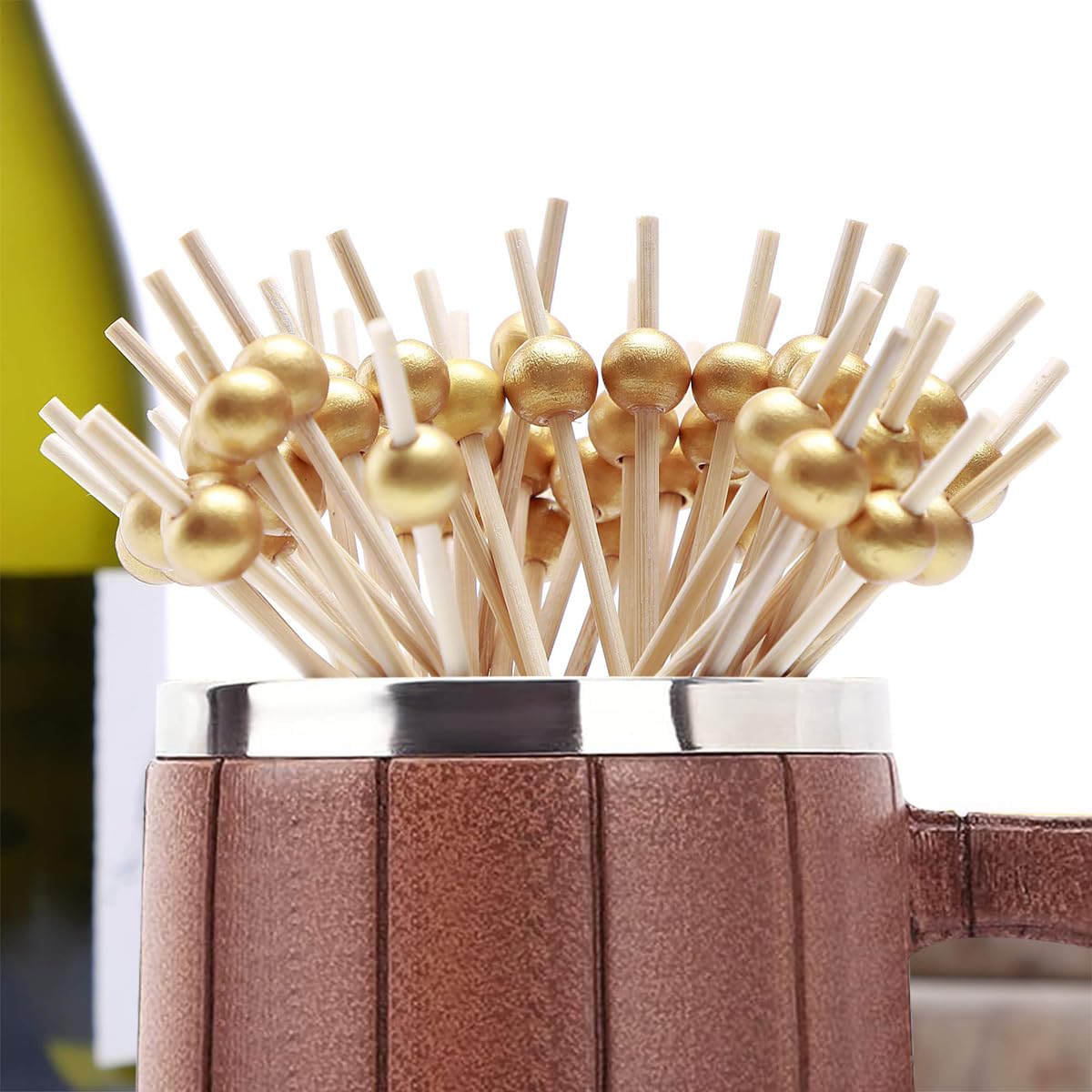 Supvox 100Pcs Fruit Pick, Bamboo Toothpicks Fruit Garnish Sticks, Bamboo Toothpicks Party Supplies, Elegant Golden Bead Fruit Pick for Banquet, Party, Festivals Deli Food Picks Toothpicks (4.7 Inch)