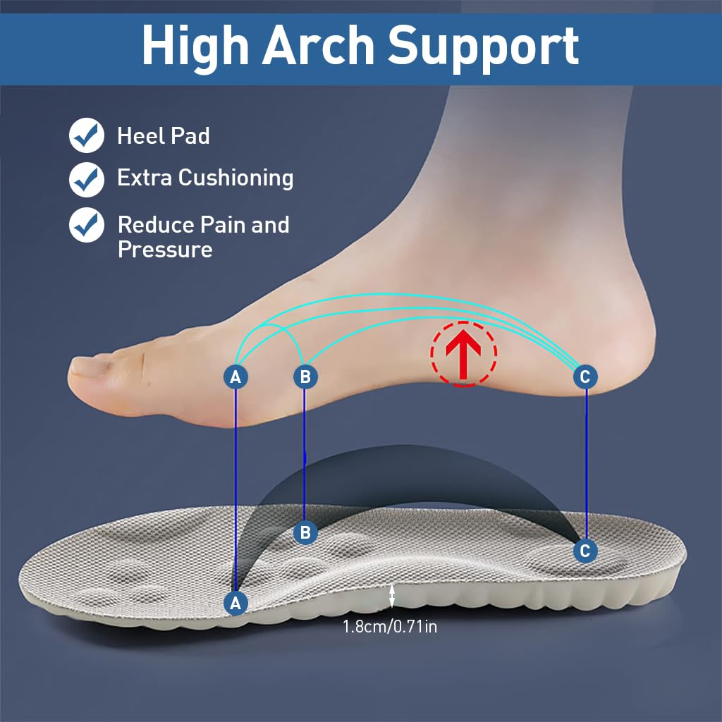 PALAY 2 Pairs Memory Foam Insoles with Arch Support for Women Men,Comfort Massage Insoles Replacement Shoe Inserts for Trainers Sneakers Sports Shoes Work Boots,Breathable,Shock Absorption (Men: UK 8-11, Grey)