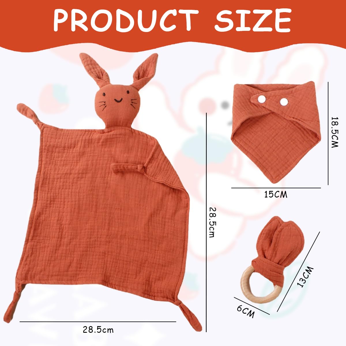 SNOWIE SOFT Set of 3pcs Baby Soothing Comforter Towel Bib Wooden Teether Ring Cartoon Bunny Soothing Towel 100% Cotton Handkerchief Hand Gripping Towel, Face Towel for Baby 0-12 Months