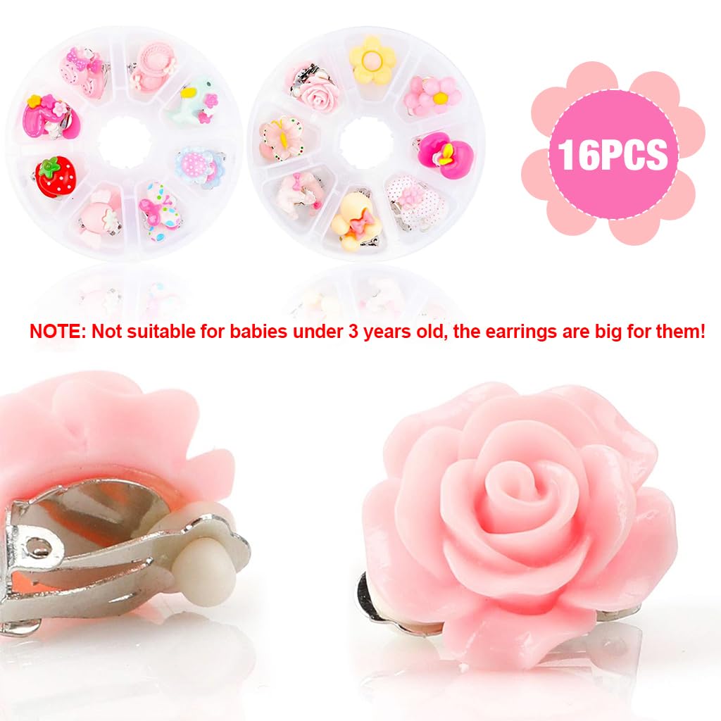 SANNIDHI 16 Pairs Cute Earrings for Girls Stylish Clip-on Pretend Princess Play Earrings Set, No Pierced Cartoon Earrings for Girls Kids Jewelry Gift
