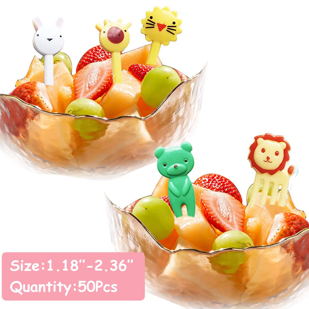 ZIBUYU 50 Pcs Random Color Cute Animals Bento Box Decor Food Fruit Mini Kids Forks & Toothpick for Cake,Dessert,Pastry Party Supply with Food Grade Plastic
