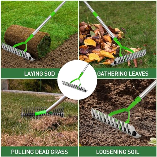 HASTHIP® Dual-Edge Garden Rake 170CM Farming Thatch Alloy Steel Adjustable Handle Loosening Soil Cleaning Grass Heavy Duty Agriculture Tool Suitable for Lawn 2PCS