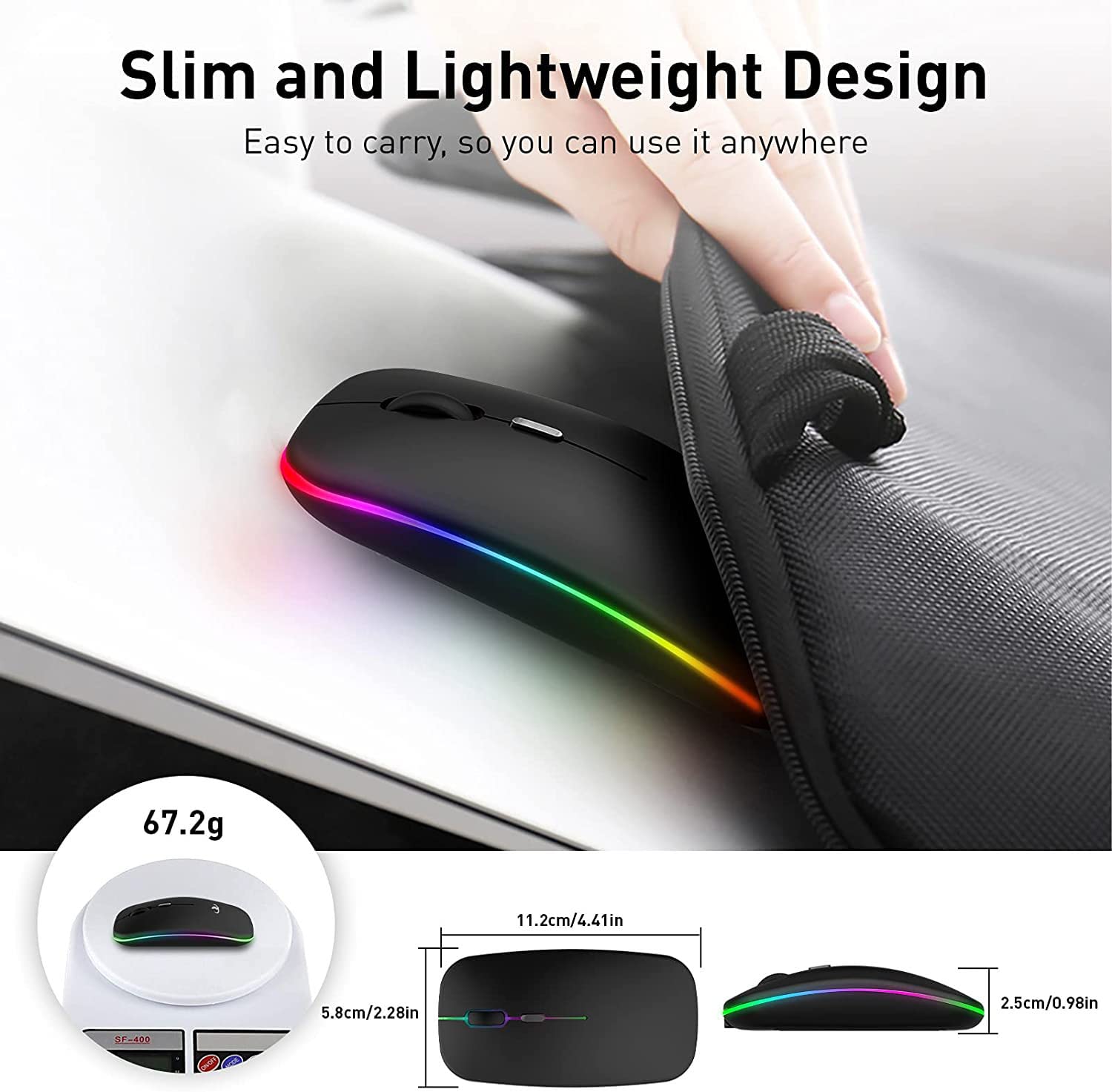 Verilux LED Wireless Mouse, Rechargeable Slim Silent Mouse 2.4G Portable Mobile Optical Office Mouse with USB Receiver, 3 Adjustable DPI for PC, Laptop, Computer, Desktop