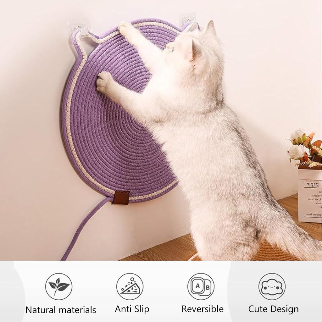 Qpets Cat Scratcher Mat Cotton Rope Cat Toy Wall Hanging Cat Scratcher Mat 16.5 Inches Cat Ear Lovely Purple Cat Scratcher Mat