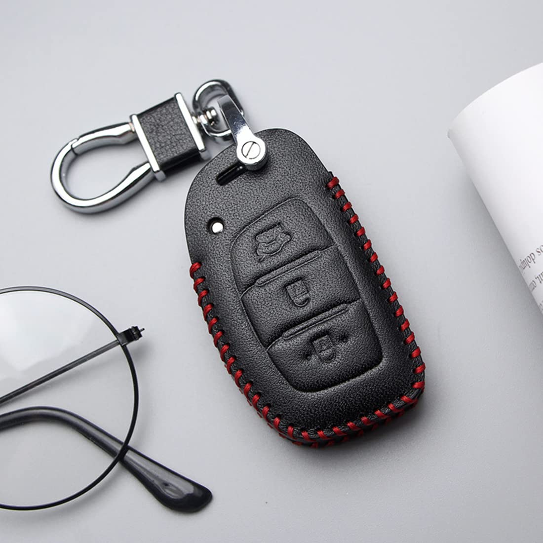 GUSTAVE Car Key Case, Soft Leather Key Cover for Hyundai 3 Button Smart Key with Keychain (3 Button Smart Key, Black)