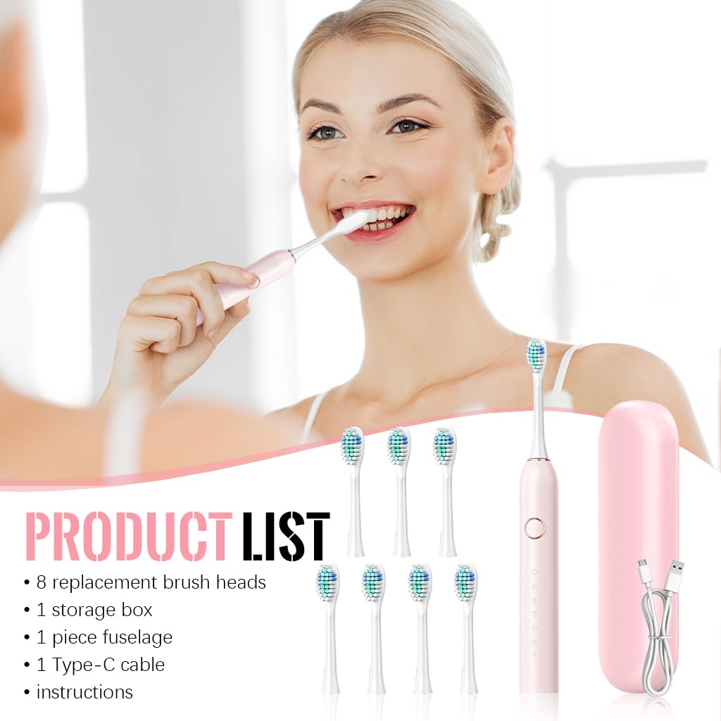 HANNEA Electric Toothbrush for Adult Soft Bristles Electric Toothbrush with 8 Replacement Brush Heads Ultra Sonic Toothbrush with 6 Cleaing Modes USB Electric Toothbrush, with Storage Case