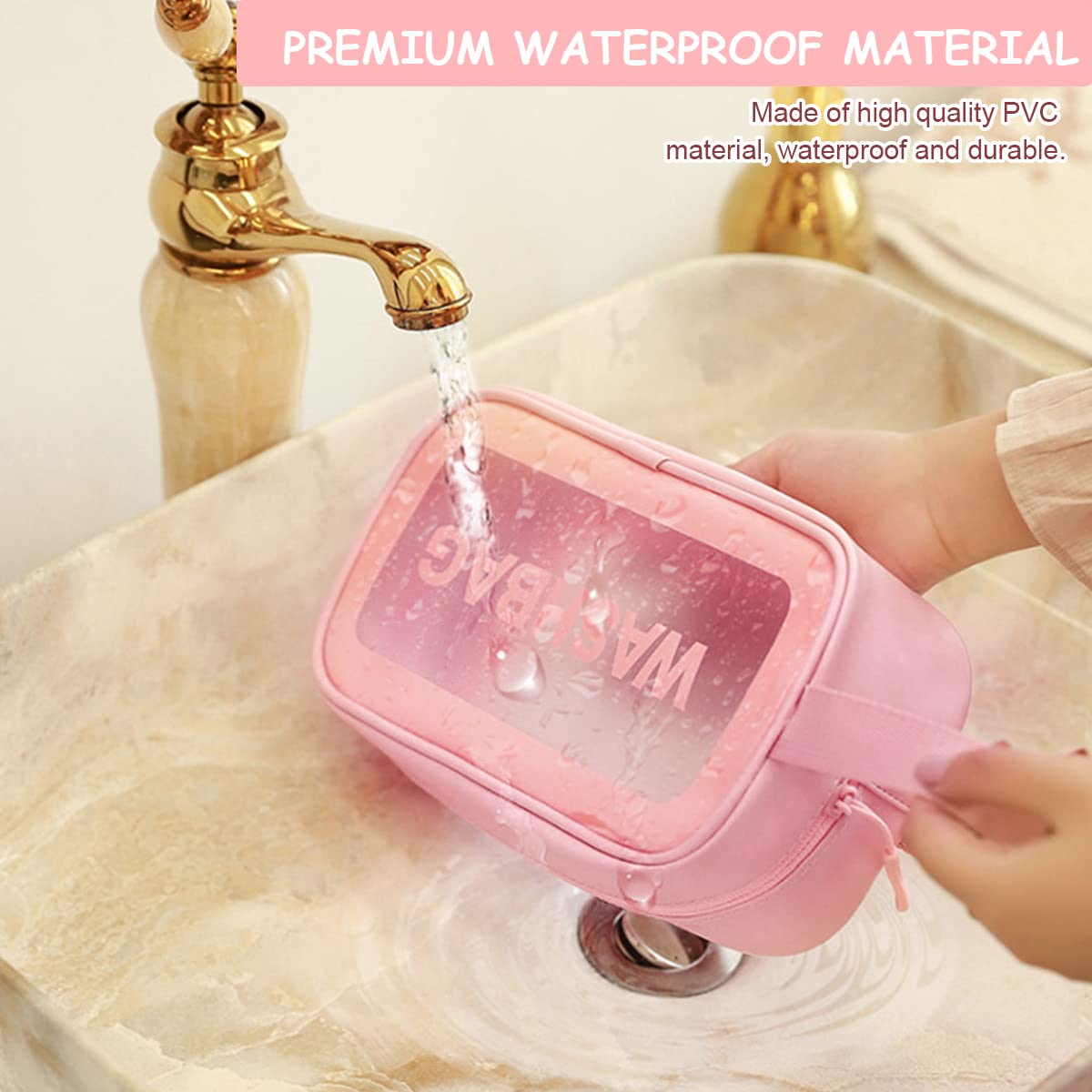 HASTHIP Pink 3 Pcs Waterproof Cosmetic Organizer Pouch Bag for Women & Girls Makeup, Toiletry, Home, Travel Use Storage Kit