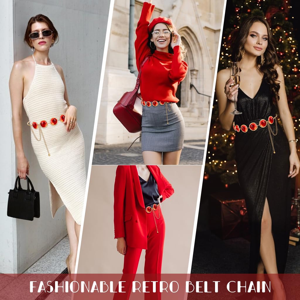 PALAY Waist Belt Fashion Red Gem Chain Belt for Women 45.2 Inches Adjustable Luxury Round Gem Chain Metal Chain Belt for Dress, Skirt, Shirt