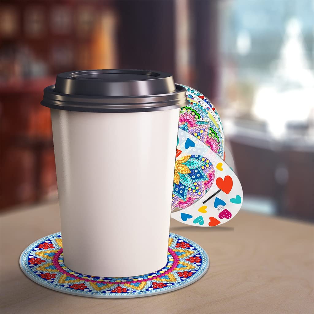 HASTHIP 8Pcs Diamond Painting Coasters with Holder, DIY Mandala Coasters Diamond Painting Kits for Beginners, Adults & Kids Art Craft