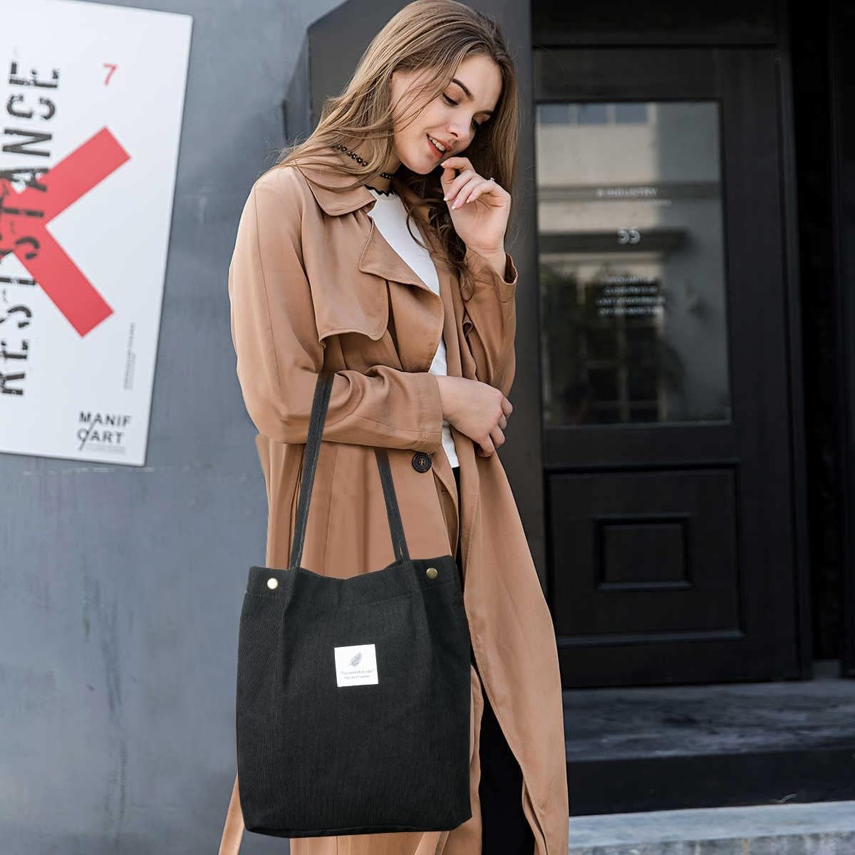 PALAY Tote Bag Corduroy Grocery Bag Large Hand Bag For Women Shopping Bag, Grocery Bag, Shoulder Bag For Shopping, Commuting, Black
