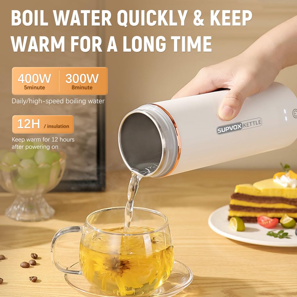 Supvox 500ml Travel Electric Water Kettle with Folding Handle 304 Stainless Steel Thermal Liner Electric Water Kettle with 6 Temperature Adjustment & LCD Temp Display One Button Control
