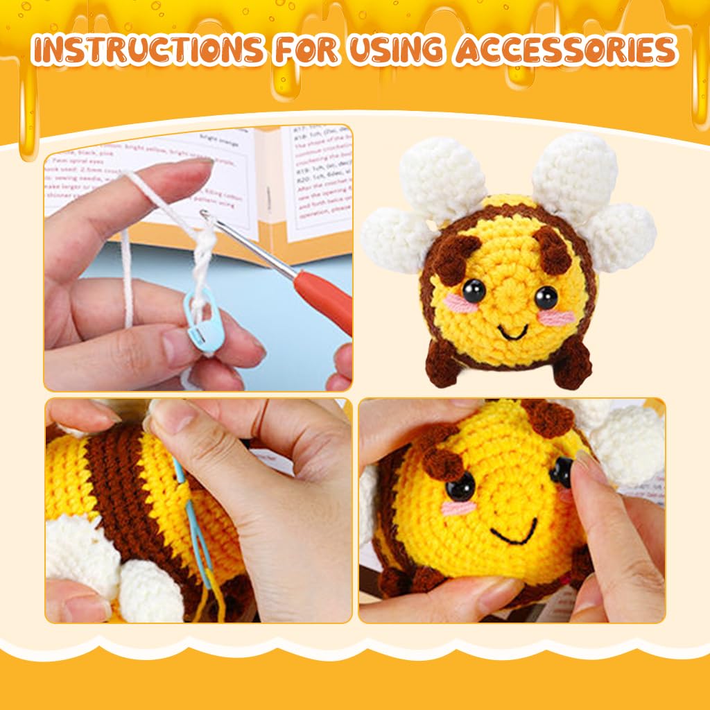 HASTHIP Crochet Kit For Beginners, Complete Small Bee Animal Kit With High-Quality Materials & Step-by-Step Video Tutorials, Ideal For Craft Lovers, Perfect DIY Gift