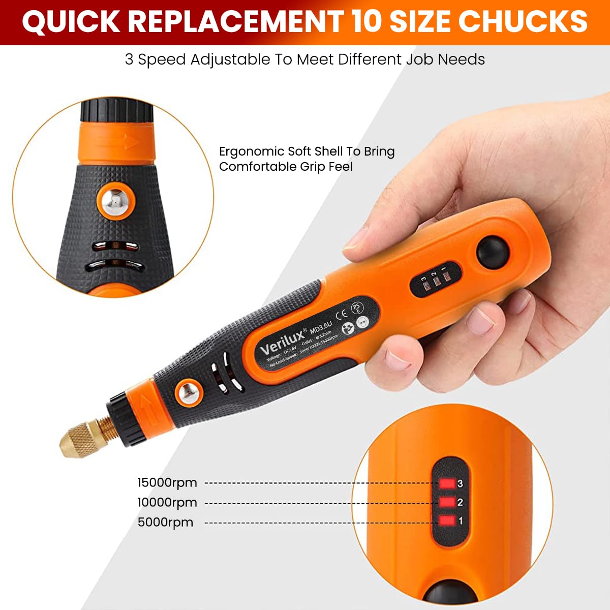 Verilux 45pcs Mini Cordless Drill Machine, 900Ah USB Rechargeable 3 Speed Small Drill Machine for Craft, Drill Machines for Eng (Orange)