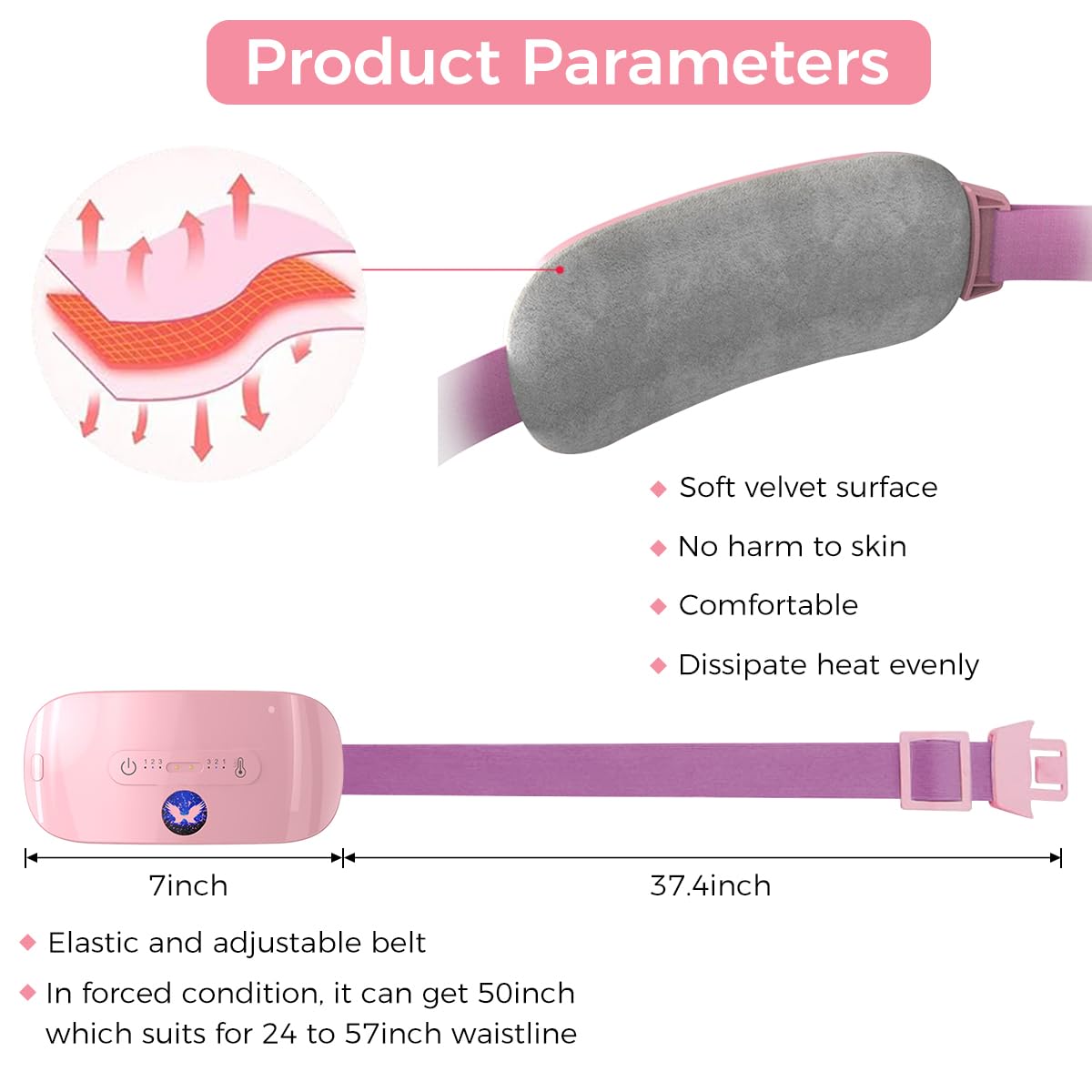 HANNEA Electric Heating Pad for Period Cramps Women, Girl Portable Cordless Back Pain Relief Belt, Belly Warmer Heating Pad with 3 Heat Levels & 3 Massage Modes Menstrual Heating Pad for Women - Pink