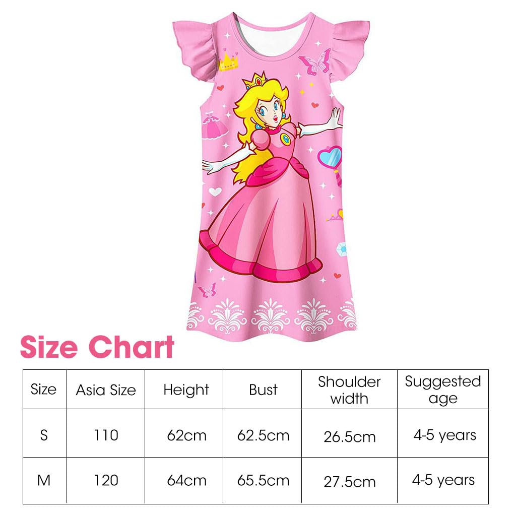 PALAY Girls Dress Princess Peach Dress Costume for Toddler Kids, Cartoon Ruffle Sleeve Summer Sleep Dresses Cozy Silk Party Dress for Girls 4-5 Years Old Gift, Pink