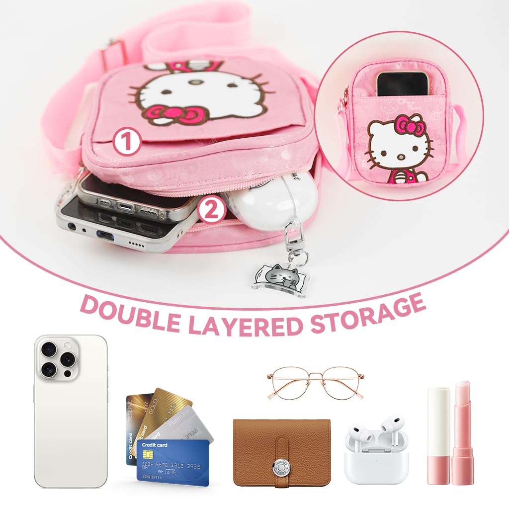 PATPAT Hello Kitty Mini Crossbody Bag for Girls Phone Sling Bag Phone Pouch Kawaii Pink Kitty Print Crossbody Bag Birthday Gift for Girls Christmas Gift for Girls, 15x15cm