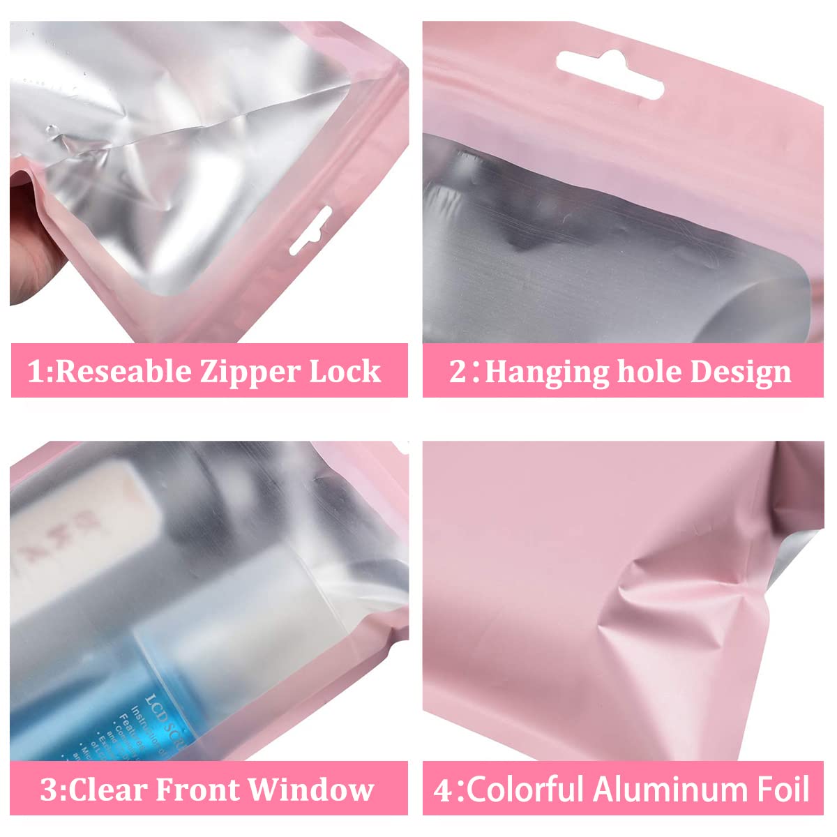 HASTHIP 100 Pcs Smell Proof Mylar Bags, Chocolate Bags Candy Bags Treat Bag Cookie Bags, Resealable Multifunctional Bags for Storing Food, Jewellery and Hardware (Pink, 8 X 13cm)