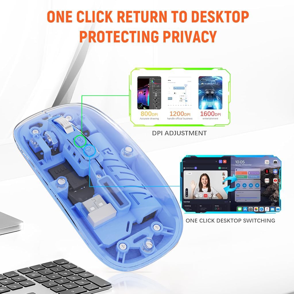 Verilux Transparent Wireless Mouse, Rechargeable Dual Modes 2.4G & 5.1 Bluetooth Mouse for Laptop