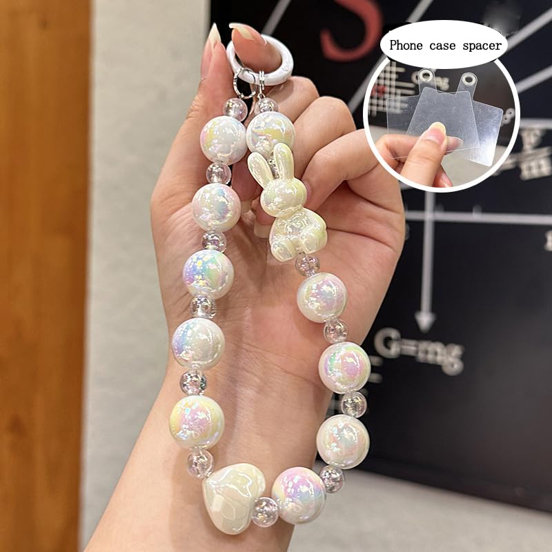 ZIBUYU® Bunny Phone Charm Beaded Chain Cute Purple Acrylic Strap for Mobile Keys Bags Decorative Wrist Keychain Accessory Women Girls White 2PCS