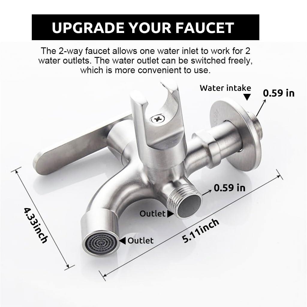 HASTHIP Dual Outlet Washing Machine Tap and Gardening Faucet with Sprayer Holder, Stainless Steel Faucet Quarter Turn Bibcock Water tap for Gardening Water System Laundry Machine Faucet