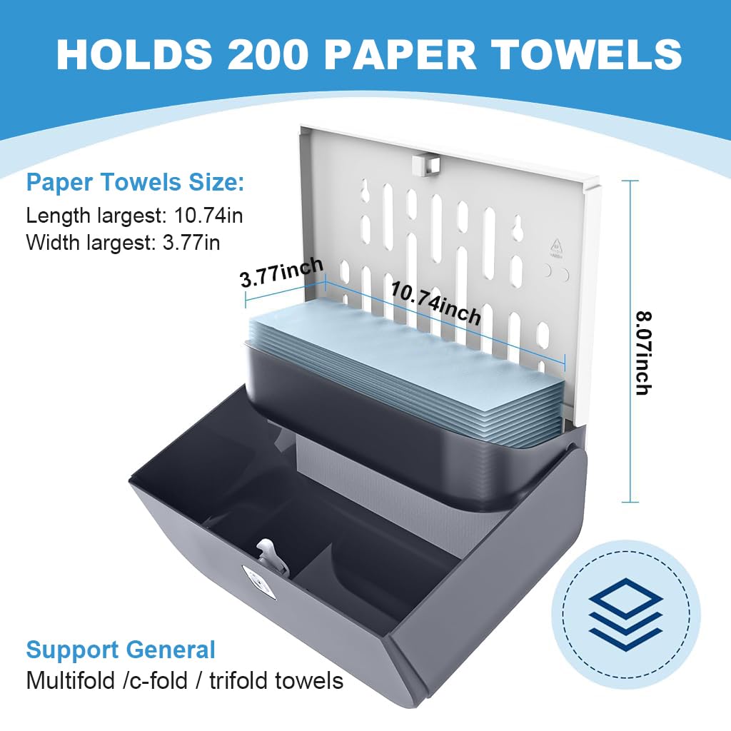 ORTIZA Paper Towel Dispenser Wall Mount, Dispenser Hotel Bathroom Paper Towel Dispenser with Lock Self Adhesive Wall Mount Large Capacity Paper Towel Dispenser for Home, Office, Public Area, Hotel