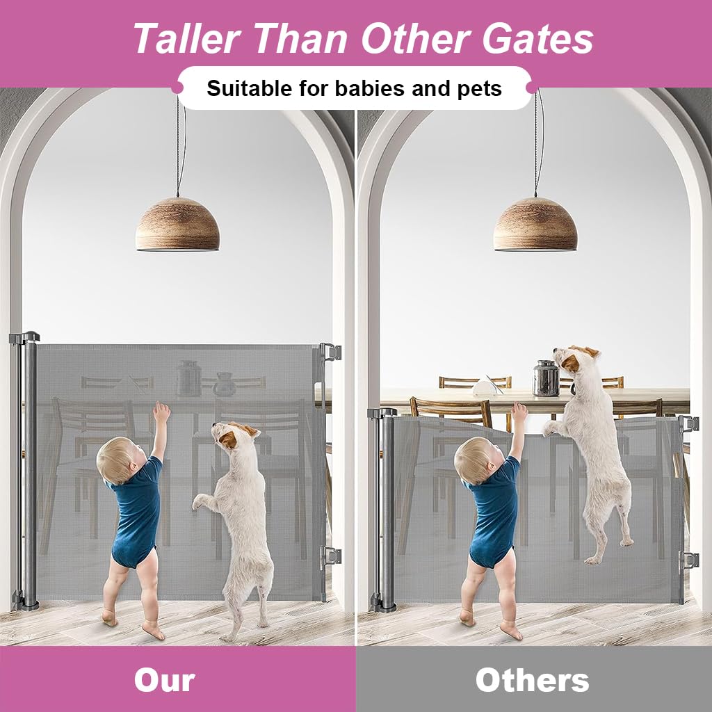 SNOWIE SOFT Retractable Baby Safety Gate Fence Gate with Lock, Buckle Door Barrier Staircase Gate Door Gate Barrier for Babies Toddler, Dogs, Cats, Pets in Balcony, Bedroom, Living Room, 33