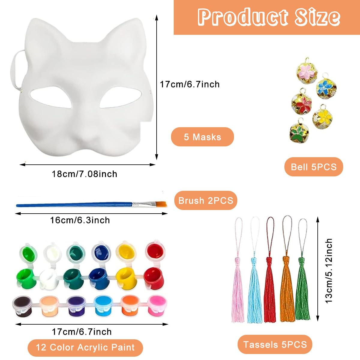 PATPAT 5pcs Cat Mask, Blank DIY Halloween White Graffiti Cat Masks Graffiti Masquerade Mask Halloween DIY Face Mask with Acrylic Paints, Brush Pens, Tassle Charms & Sakura Bell Charms