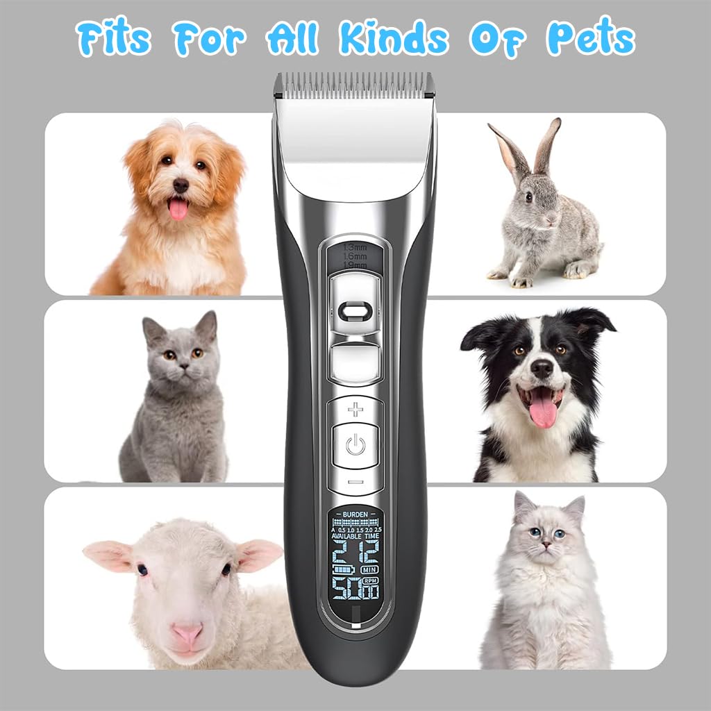 ZIBUYU Electric Dog Trimmer, Dog Grooming Kit with 2 Limiting Comb, Cleaning Brush USB Hair Trimmer for Thick Long Hair Dogs, Cats Switchable 5 Speed Mode Pet Grooming Hair Clipper For Dogs Cats