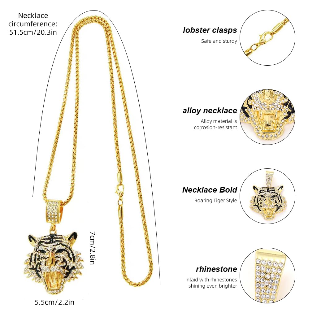 SANNIDHI Necklace for Men, Gold CZ Tiger Head Necklace, Punk Rock Roaring Tiger Men's Necklace, Alloy Shining Rhinestone Hip Hop Animal Jewelry Gift for Men - I'm the King