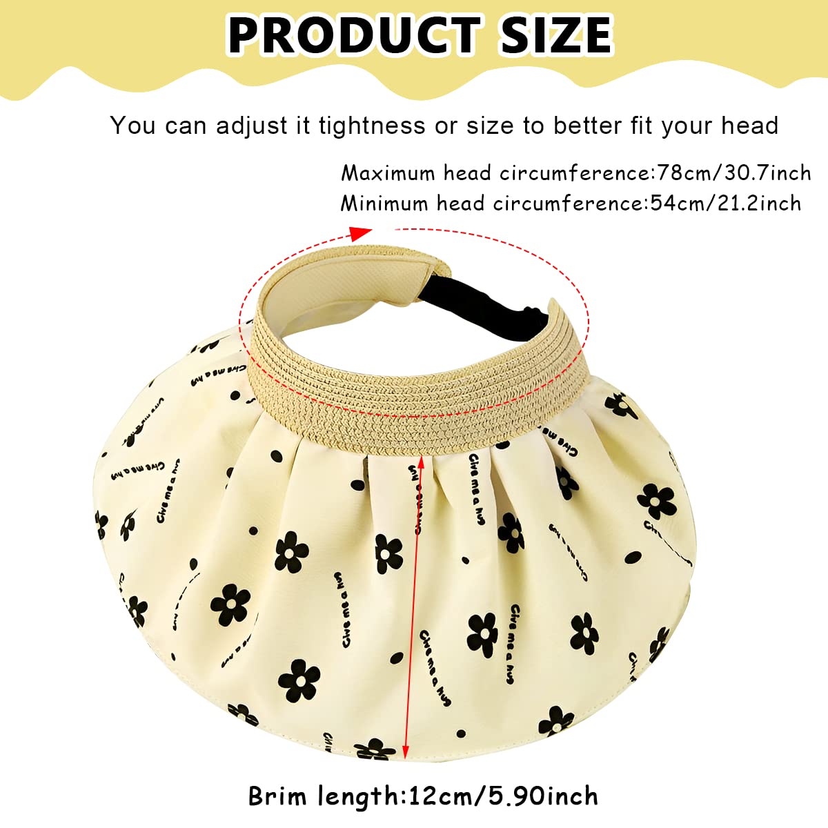 PALAY Sun Hat for Women Foldable Fashion Sun Caps for Women Ponytail Visor Hat Summer Beach Cap, UV Protection Flower Patterns Wide Cotton Brim Woven Straw Headband Hats Beige