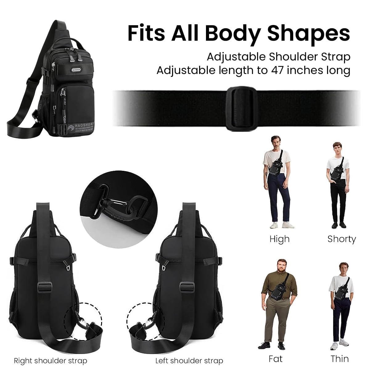 GUSTAVE Sling Bag for Men Crossbody Bag Multi Pocket Chest Bag Fashion Side Bag with Handle & Adjustable Strap, Convenient for Commuting, Travel, Outdoor Activities, Cycling(black)